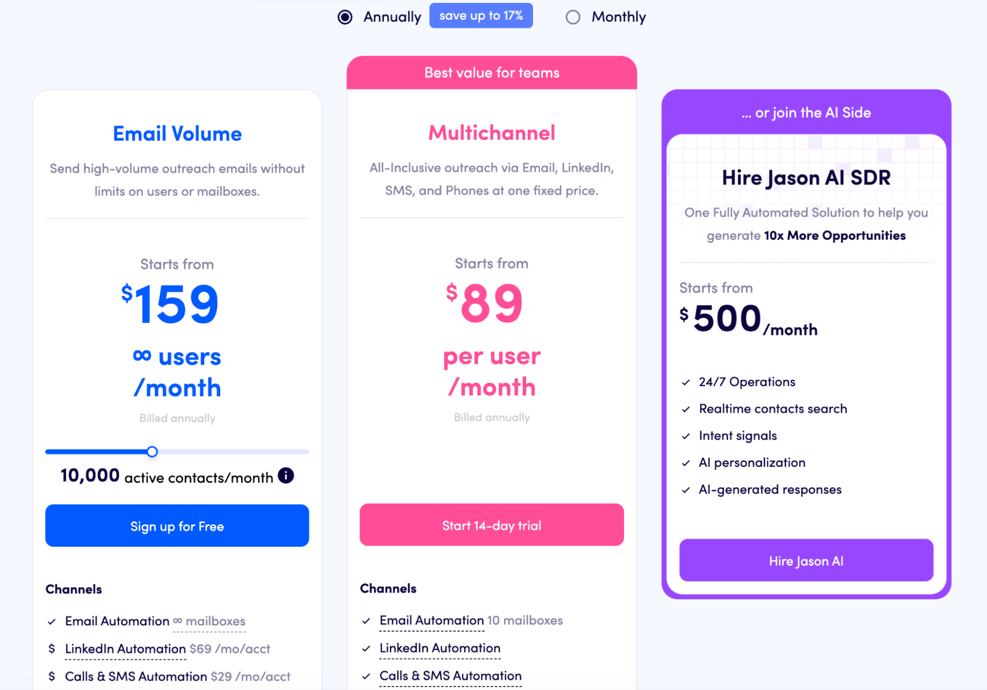 Instantly and Reply.io plan prices side by side